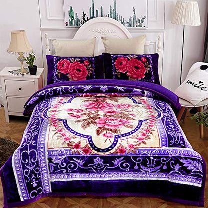 JML Sherpa Flannel Blanket, 3-Ply Fleece Blanket with 2 Pillow Shams- Soft, Warm, Korean Style Printed Embossed Bed Blanket, Purple