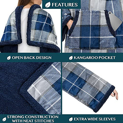 PAVILIA Sherpa Wearable Blanket with Sleeves and Pocket, Plush Thick Cozy Body Blanket Wrap for Adult Women Men, Christmas Gift for Wife Mom, Plaid Navy Blue - color: Plaid Navy