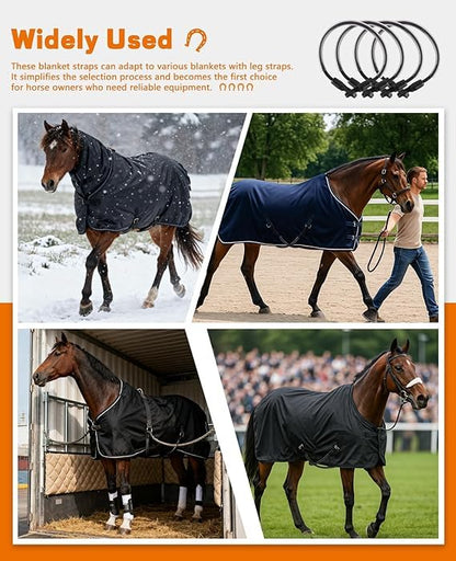 4Pcs Adjustable Elastic Horse Blanket Straps, Stretch Rug Leg Tail Straps w/Double Clips