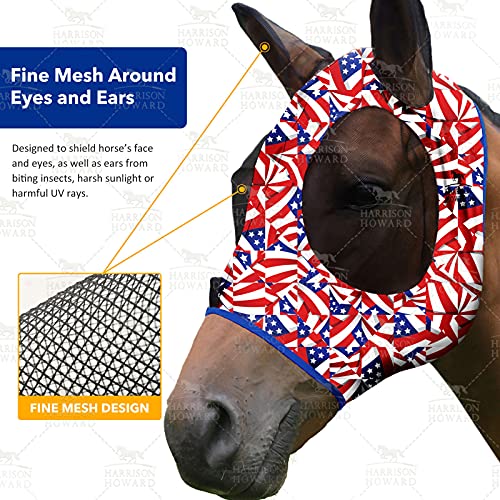 Harrison Howard Super Comfort Stretchy Fly Mask Large Eye Space with UV Protection Soft on Skin with Breathability Flag Grid M - color: Flag Grid, size: Cob (Medium)