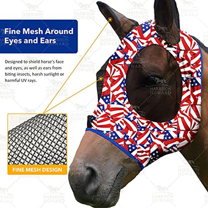 Harrison Howard Super Comfort Stretchy Fly Mask Large Eye Space with UV Protection Soft on Skin with Breathability Flag Grid M - color: Flag Grid, size: Cob (Medium)