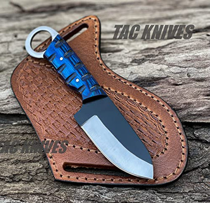 TAC KNIVES 7'' Full Tang Fixed Blade Outdoor Camping Hunting Knife In Sheath Gift For Him | 1095 High Carbon Steel Knife | SKINNER Gift | Cowboy knives | Pancake leather sheath (BLUE) - color: BLUE