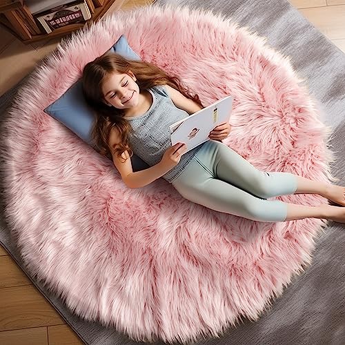 Ashler Faux Fur Rug, Pink Fluffy Shaggy Area Rug, Soft 3x3 Ft Round Sheepskin, Fuzzy Machine Washable Carpet, Nursery Rug for Kids Bedroom, Living Room - color: C-pink, size: 3' (Round)