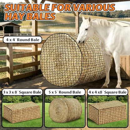 YedsIntu 4x4 ft Round Bale Hay Net for Horses, Slow Feeder Hay Nets with 1.5 inches Holes, Knotless Hay Feeder Bag for Goats Cattle Sheep Livestock - size: 4x4 ft