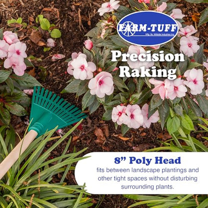 FARM-TUFF 8 Inch Garden Rake with 48 Inch Hardwood Handle - Durable & Compact Garden Rake for Shrubs, Flower Beds, and Tight Spaces
