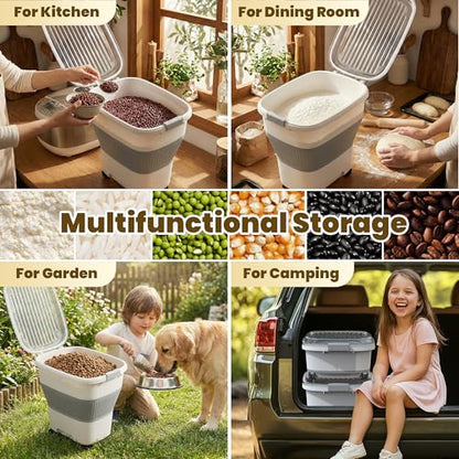 HOYTAMDAR 50Lbs Collapsible Rice Container,Airtight Food Storage container | Rice Storage Container with Clear Lid,Rolling Wheels,Small Bin & Measuring Scoop,Rice Dispenser for Pet Food Rice Flour - color: Grey 50lbs