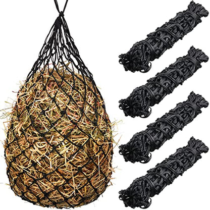 Tudomro 4 Pcs Hay Net Slow Feeder Hay Nets for Horses 35 Inch Hanging Hay Feeder Hay Bag for Horses Small 2 x 2” Holes Feeding Net Travel Feeder for Trailer and Stall, Simulates Grazing(Black)