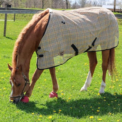 Country Pride Textilene Fly Sheet for Horses, Durable Breathable Mesh, Adjustable Double Buckle Front, Elastic Hind Leg Straps, Bias Surcingles, Black/Tan Plaid (70 in) - size: 70 in