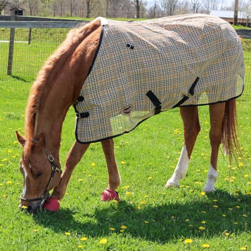 Country Pride Textilene Fly Sheet for Horses, Durable Breathable Mesh, Adjustable Double Buckle Front, Elastic Hind Leg Straps, Bias Surcingles, Black/Tan Plaid (80) - size: 80