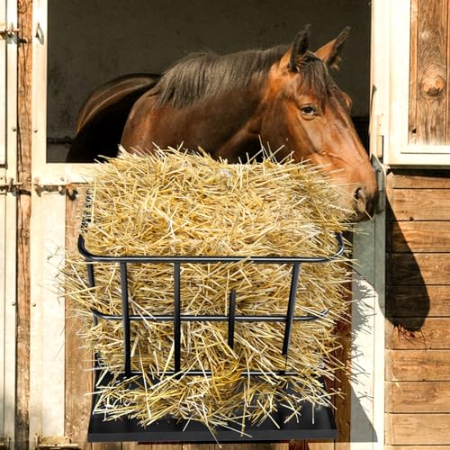 Large Capacity 2-in-1 Hay Feeder with Detachable Grain Tray, Heavy Duty Steel Wall-Mounted Rack for Goat, Sheep, Horse & Rabbit Livestock, Black
