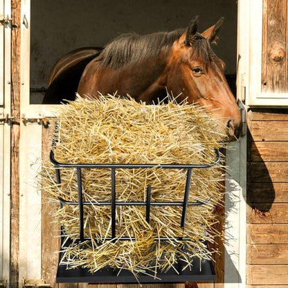 Large Capacity 2-in-1 Hay Feeder with Detachable Grain Tray, Heavy Duty Steel Wall-Mounted Rack for Goat, Sheep, Horse & Rabbit Livestock, Black