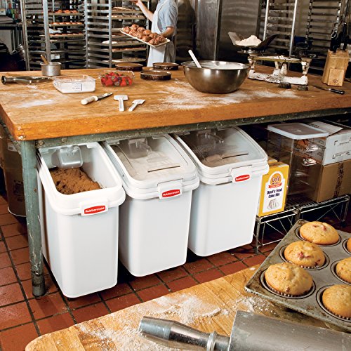 Rubbermaid Commercial Products ProSave Shelf-Storage Ingredient Bin With Scoop, 600-Cup capacity, Plastic, White, Sliding Lid, Container with Wheels for Kitchen/Restaurant Food Organization - size: 600 Cup