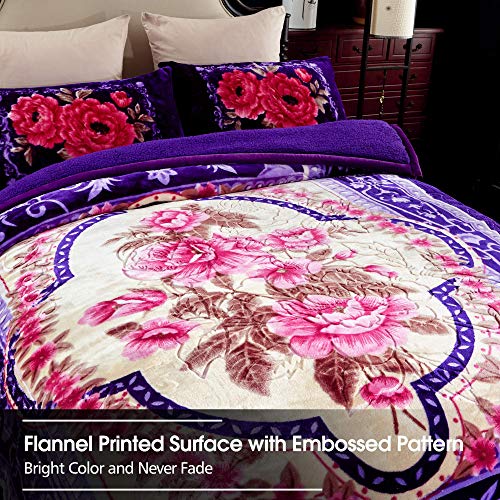 JML Sherpa Flannel Blanket, 3-Ply Fleece Blanket with 2 Pillow Shams- Soft, Warm, Korean Style Printed Embossed Bed Blanket, Purple