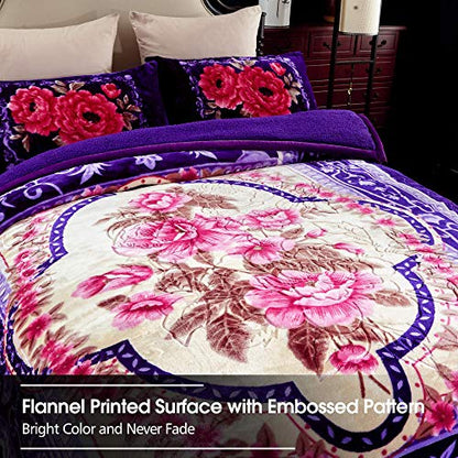 JML Sherpa Flannel Blanket, 3-Ply Fleece Blanket with 2 Pillow Shams- Soft, Warm, Korean Style Printed Embossed Bed Blanket, Purple
