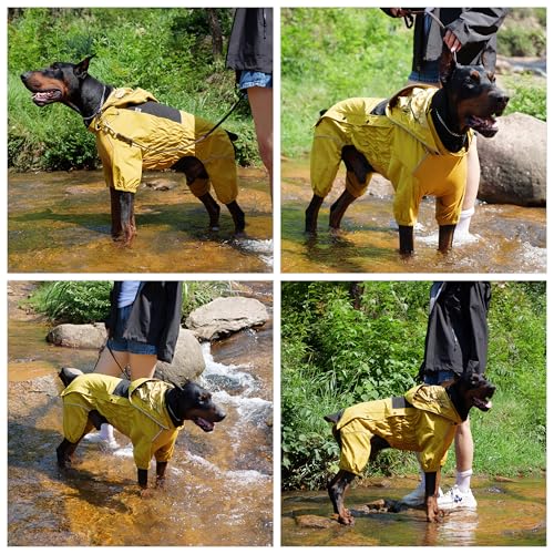 LOVELONGLONG Fleece-Lined Dog Raincoat with Removable Hood – Waterproof Winter Full Body Dog Jacket – Windproof Snowproof Cold-Weather Suit – Yellow-F M - color: Mustard Yellow Fleeced, size: M (Back 14")