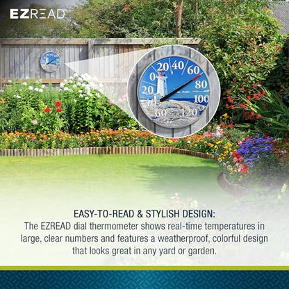 EZREAD Hanging Dial Thermometer 840-1215 Weather Thermometers for Indoor and Outdoor Use, Large 12.5 Inch Diameter, Easy to Read Numbers, Lighthouse - color: Lighthouse