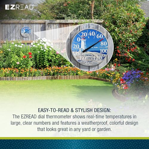 EZREAD Hanging Dial Thermometer 840-1215 Weather Thermometers for Indoor and Outdoor Use, Large 12.5 Inch Diameter, Easy to Read Numbers, Lighthouse - color: Lighthouse