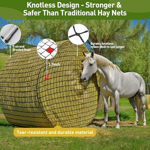 Round Bale Hay Net for Horses, Durable Knotless Nylon Slow Feeder,6x6 ft, Reduces Hay Waste, Ideal for Outdoor Use, Promotes Healthy Digestion (6 * 6FT) - size: 6*6FT