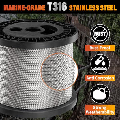 Stainless Steel Cable for Railing - 500FT 1/8" T316 Wire Rope Cable - size: 500FT