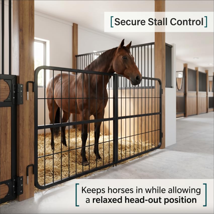Black Horse Stall Gates, Stall Guards for Horses, Solid Frame Horse Stall Guard, Ventilated Grid Stall Guard, Lockable Swing Door for Stable Breeding Farm Isolation Area