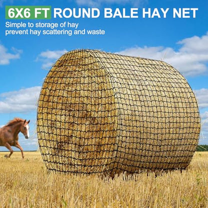 6x6 ft Bale Hay Net for Horses Round/Square, 1.7 inch Hole Knotless Livestock Slow Feeder Hay Storage Net for Horses, Cattle, Sheep in Farms (Round) - style: Round