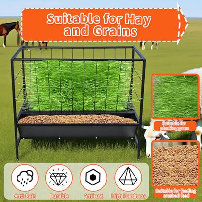 Yahpetes Pasture Hay Feeder 2 in 1 Goat Feeder 69 Gallon Capacity Livestock Rack 42.9''L X 20.5''W Hay Grain Livestock Feeder with V-Shaped Top Rack & Feed Pan for Sheep Farms Sheds