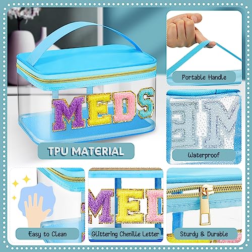 Geetery Chenille Letter Bag, Meds Cheer Travel Cases Cheerleader Gifts Cosmetic Bag Nylon Makeup Portable Preppy Patch with Zipper Toiletry Storage Case for Women(Blue,Meds) - color: Blue, style: Meds