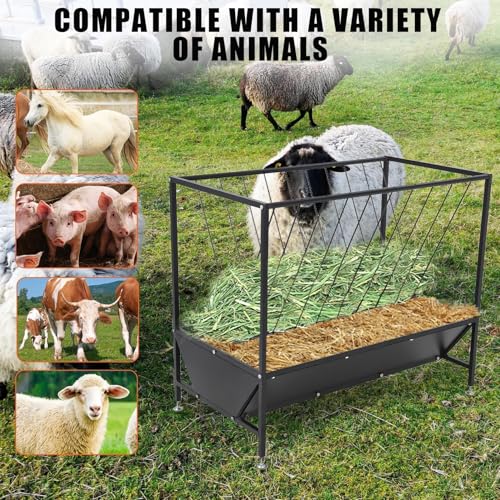 PeakPursuit Heavy Duty 50 Gallon Hay Feeder with 30 Gal Grain Pan，2-in-1 Steel Livestock Feeder for Horses, Cows, Sheep - Corrosion Resistant Powder Coated Black