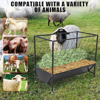 PeakPursuit Heavy Duty 50 Gallon Hay Feeder with 30 Gal Grain Pan，2-in-1 Steel Livestock Feeder for Horses, Cows, Sheep - Corrosion Resistant Powder Coated Black