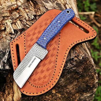 Custom Handmade 7'' fixed blade hoof rasp knife/Cow boy knife/Bull cutter Cowboy knives with pancake leather sheath (BLUE CONE) - color: BLUE CONE