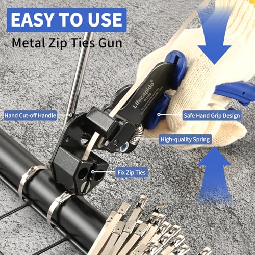 Metal Zip Ties Tool, Stainless Steel Zip Tie Gun with Built-in Cutter, Adjustable Fastening Cutting Zip Tie Tool with 100pcs 11.8in Self-Locking Stainless Steel Zip Ties, Zip Tie Organizer and Gloves