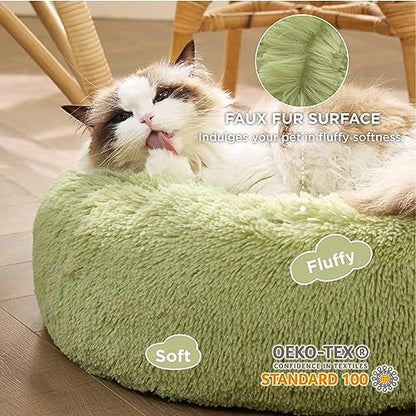 Bedsure Calming Cat Beds Donut Round Washable Kitten Bed,20 inches Green | Fluffy Faux Fur Cuddler,Anti-Slip Bottom,Anti-Anxiety,Deep Sleeping for Cats&Small Pets Up to 15 Lbs - color: Green, size: 20"L x 20"W x 6"Th