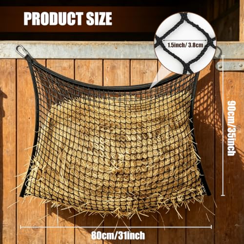 2Pcs Slow Feed Hay Net for Horses, Durable Hanging Hay Bag with Clips for Horses Goats Donkeys Sheep, Easy Loading, Large Capacity, Fits Stall & Trailer, 35" x 31", Black