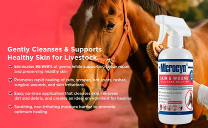 Microcyn Livestock Skin & Wound Care Solution – 16 oz HOCl-Based Cleansing Spray for Cuts, Scrapes & Irritated Skin – Professional Farm & Ranch Support for Cattle, Horses, Goats & Sheep