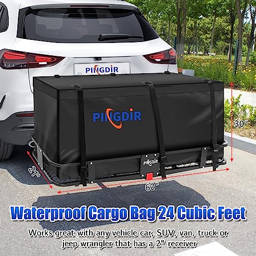 PINGDIR Folding Hitch Mount Cargo Carrier Hitch Rack Basket 60"*21.5"*6" Hauling Weight Capacity of 500 Lbs, Waterproof Cargo Bag 58" 19" 24", with Hitch Stabilizer,Cargo Net and Ratchet Straps - size: 60 inches