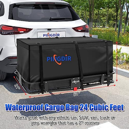 PINGDIR Folding Hitch Mount Cargo Carrier Hitch Rack Basket 60"*21.5"*6" Hauling Weight Capacity of 500 Lbs, Waterproof Cargo Bag 58" 19" 24", with Hitch Stabilizer,Cargo Net and Ratchet Straps - size: 60 inches