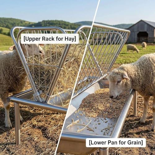 Heavy Duty Hay Rack and Grain Pan, 2 in 1 Livestock Feeder, Freestanding Farm Feeder. for Barn and Pen Feeding, Durable Galvanized Steel for Goats Sheep Calves