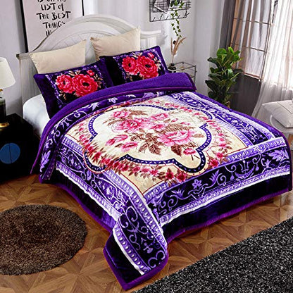 JML Sherpa Flannel Blanket, 3-Ply Fleece Blanket with 2 Pillow Shams- Soft, Warm, Korean Style Printed Embossed Bed Blanket, Purple