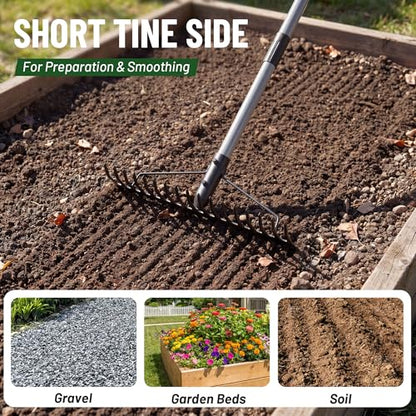 Walensee Heavy Duty Dual-Sided Bow Rake, 63" Stainless Steel Handle, Heat-Treated Manganese Steel Head, 17 Steel Tines Metal Garden Rake for Soil Loosening, Yard Leveling, Lawn Care and Thatch Removal