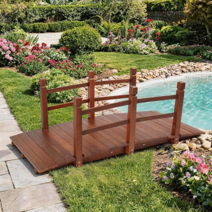 Outvita 5 ft Garden Wooden Bridge Arch Natural Finish with Safety Rails Outdoor Footbridge for Backyard Creek Farm, Decorative Pond Bridge - size: 5ft-dark brown