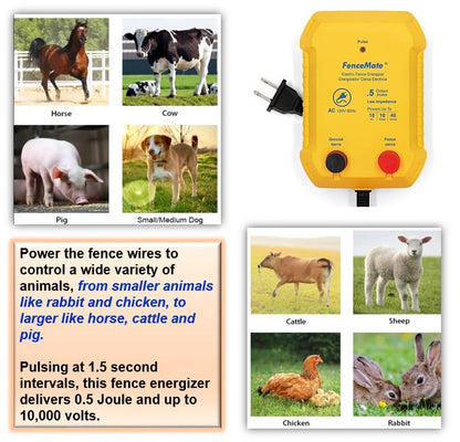 FenceMate AC Powered Electric Fence Charger Output 0.5J up to 10 Miles | to Constrain Poultry, Pet, Hobby Animal, Fencer to Protect Homestead, Garden, Pond, Orchard,Fence Energizer Peak 10 kV