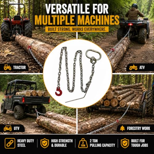7FT 2 Ton Logging Chain with Choker Hook & 13.5" Steel Probe Stake, Heavy Duty Skidding Tow Chain for Tractor Towing, Tree Dragging, Forestry Logging, ATV & UTV - size: 7FT
