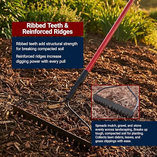 Bully Tools Bow Rake 16" Tines, Heavy Duty Steel Garden Rake for Leaves