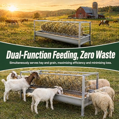 98 Gallon Goat Feeder, 2-in-1 Hay and Grain Livestock Feeder for Pasture