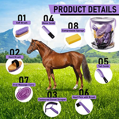 Cunhill 9 Pcs Horse Grooming Kit with Bag Curry Brushes,Cute,Purple - color: Purple, style: Cute