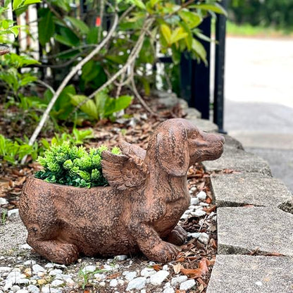 Animal Planter, 18 Inch Flying Dachshund with Distressed Brown Finish | Magnesium Oxide, Drain Hole, 9 by 2.5 Inch Planting Opening, Indoor or Outdoor Use - color: Winged Dachshund - Brown