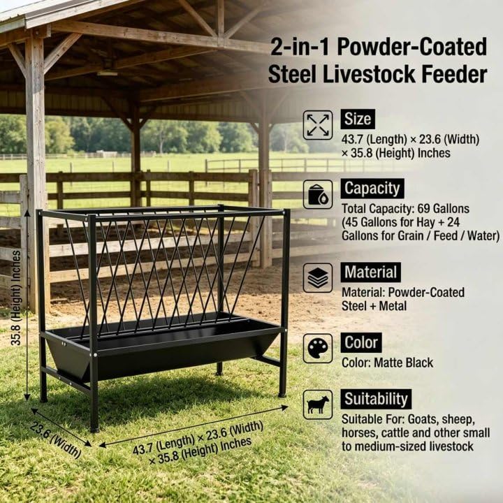 Multi-Purpose Hay Feeder, 45 Gallon Hay Storage with 25 Gallon Grain Feed Water Trough, Heavy Duty Metal Livestock Rack for Goat, Sheep, Horse, Cow, Pig, Indoor Outdoor Use