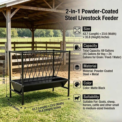 Multi-Purpose Hay Feeder, 45 Gallon Hay Storage with 25 Gallon Grain Feed Water Trough, Heavy Duty Metal Livestock Rack for Goat, Sheep, Horse, Cow, Pig, Indoor Outdoor Use