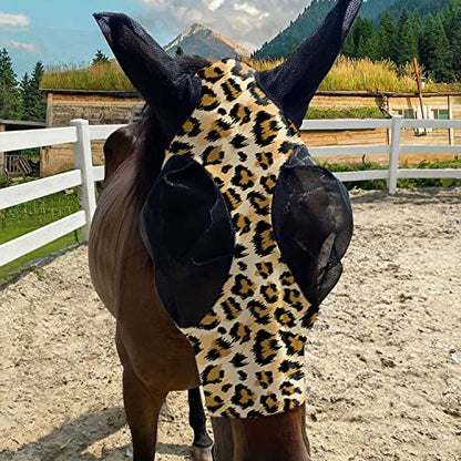 Upgrade Uv Horse Fly Mask with Ears - Equine Sunscreen Lycra Quiet Ride Elasticity Fly Mask with Ear Protection (Leopard Print) - color: Leopard print