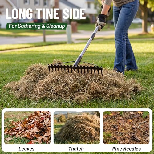 Walensee Heavy Duty Dual-Sided Bow Rake, 63" Stainless Steel Handle, Heat-Treated Manganese Steel Head, 17 Steel Tines Metal Garden Rake for Soil Loosening, Yard Leveling, Lawn Care and Thatch Removal